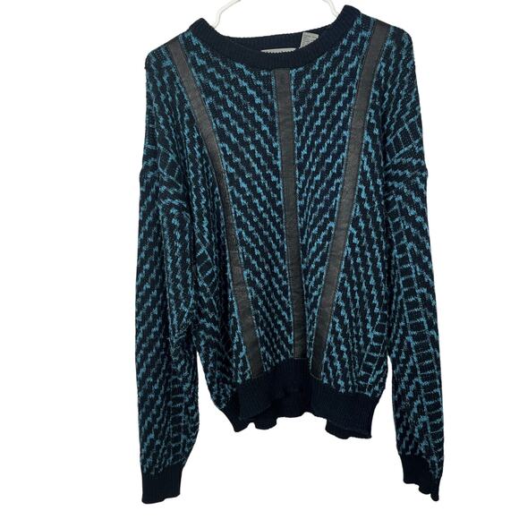 J TODD Vintahe 80s 90s Geometric Stripes Ugly Sweater Leather Panels Oversized - Picture 1 of 5